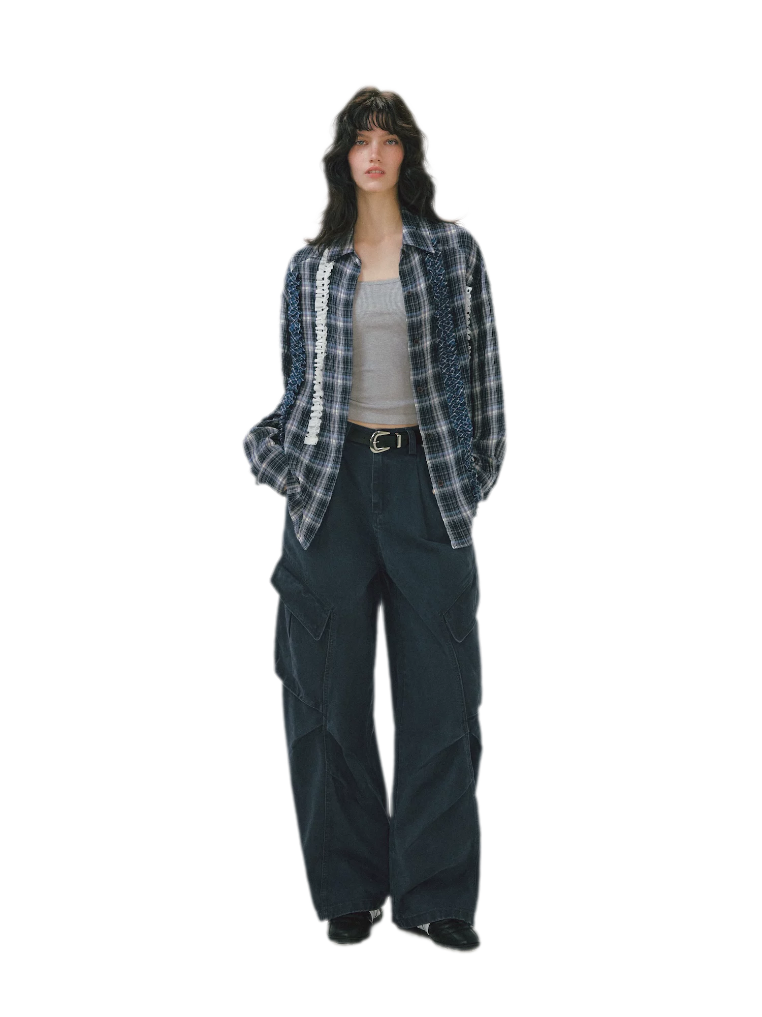 Pleated Wide-Leg Cargo Jeans