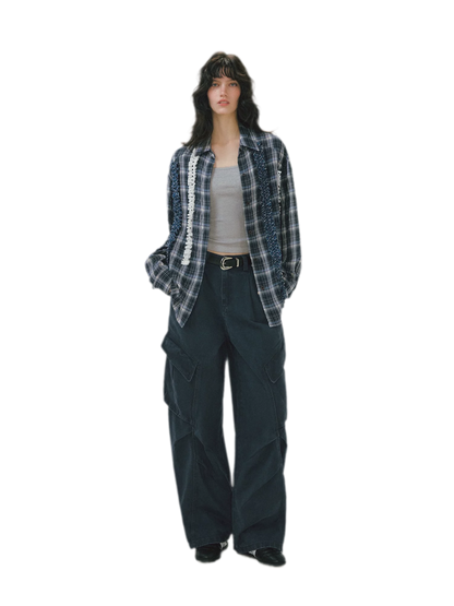 Pleated Wide-Leg Cargo Jeans