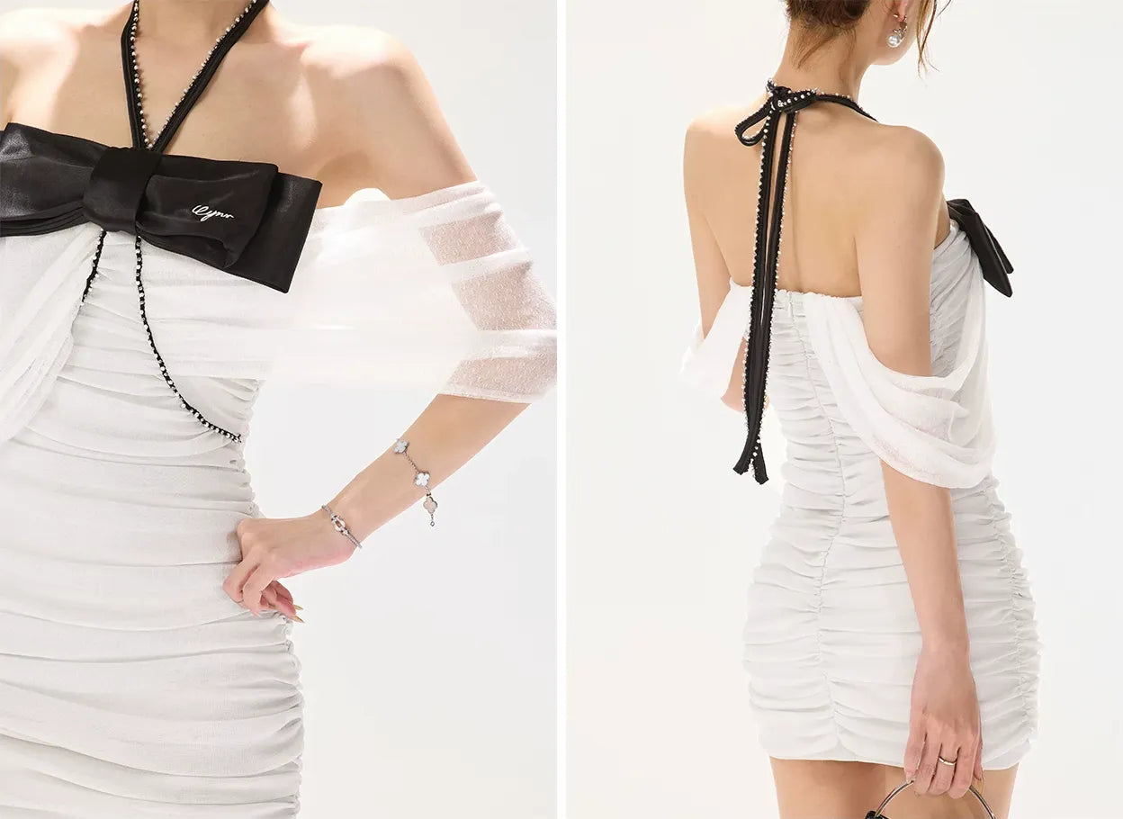 Silvery Bow Ruched Mini Dress