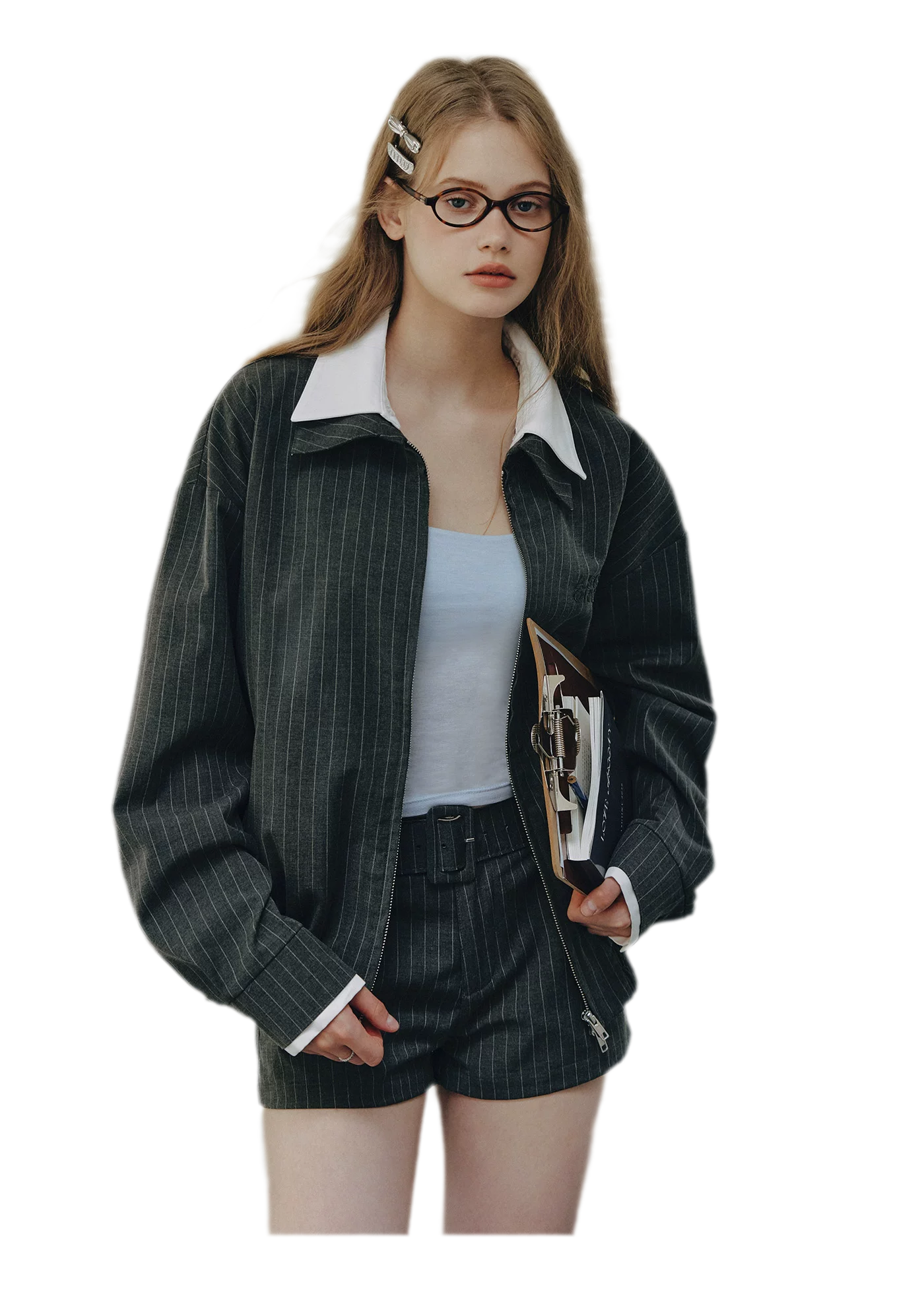 Pinstripe Belted Jacket Shorts Set