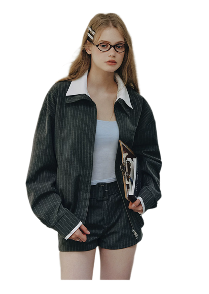 Pinstripe Belted Jacket Shorts Set