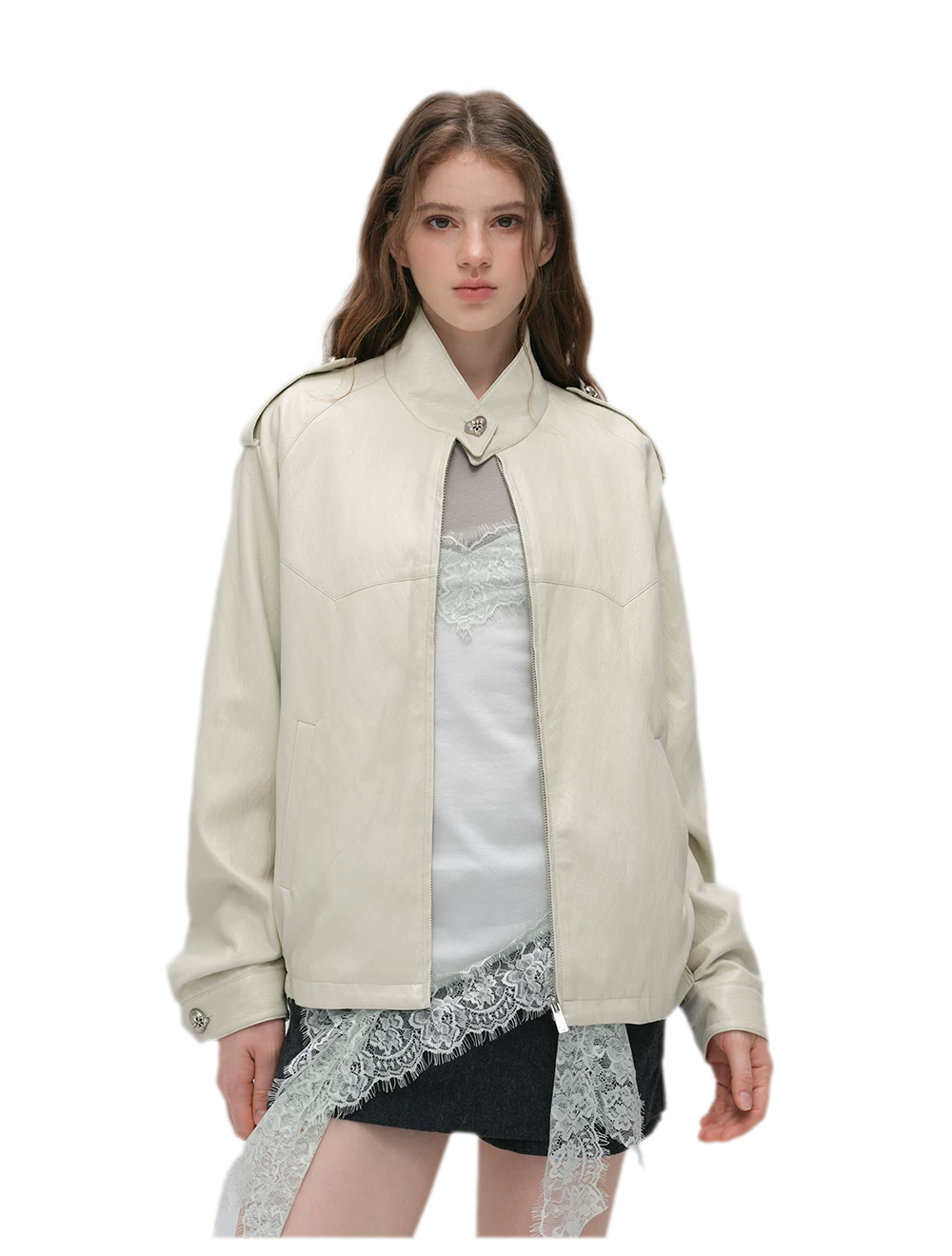 Faux-Leather Lychee-Texture Moto Jacket