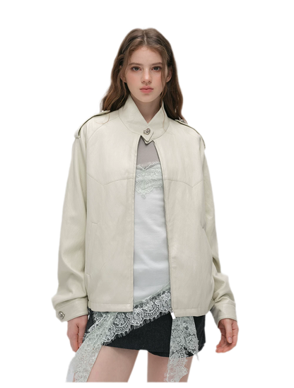 Faux-Leather Lychee-Texture Moto Jacket