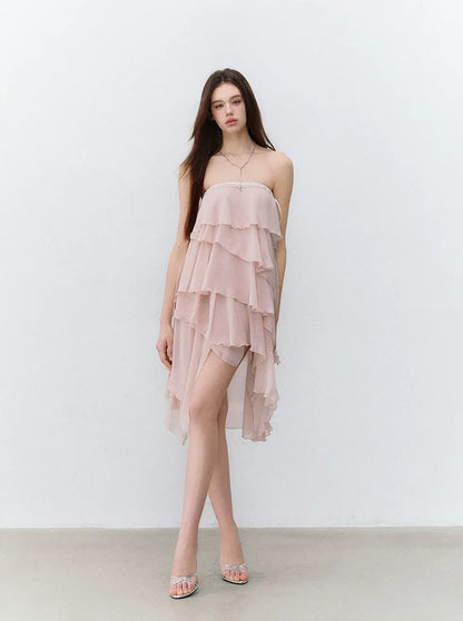 Asymmetric Chiffon Tie-Waist Strapless Skirt