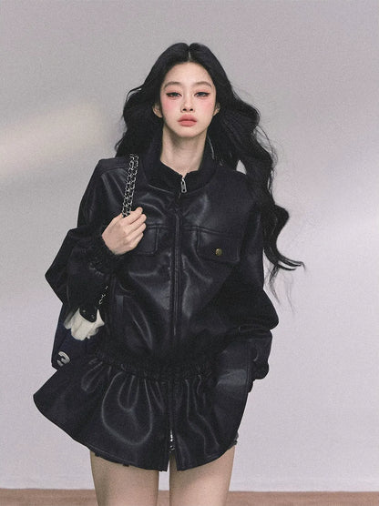 Faux Leather Stand Collar Jacket