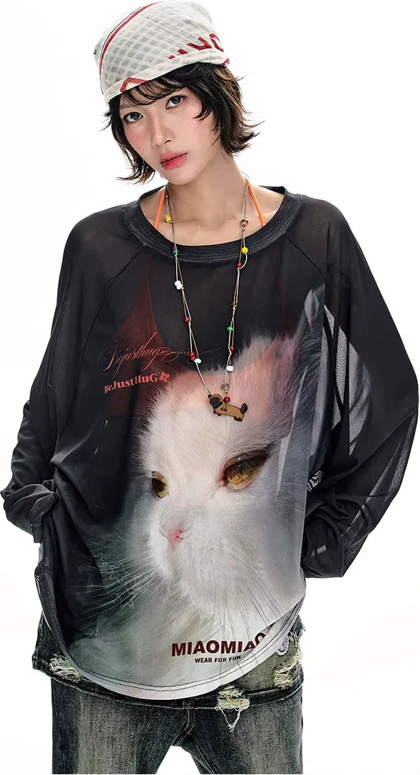 Sheer Oversized Cat Mesh Top