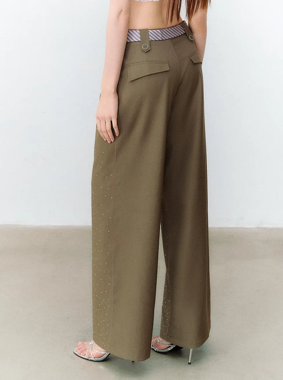 Rhinestone Pleated Waistband Wide-Leg Pants