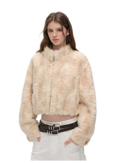 Embossed Cropped Faux Fur Jacket