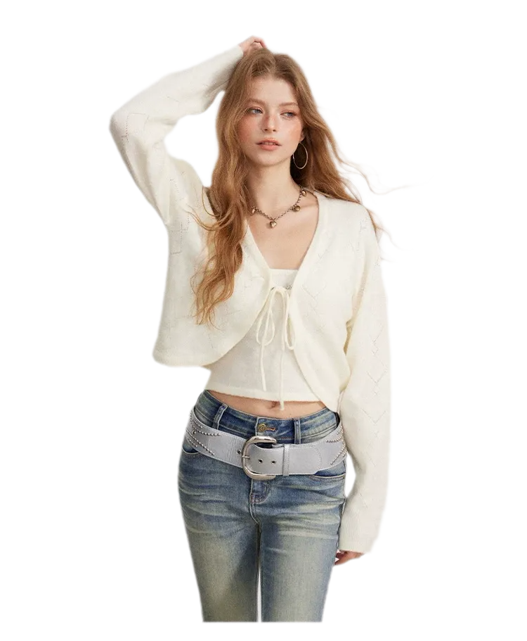 Diamond Knit Tie Cardigan Set