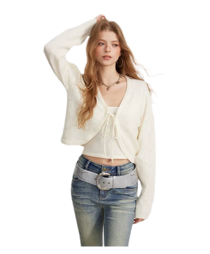 Diamond Knit Tie Cardigan Set