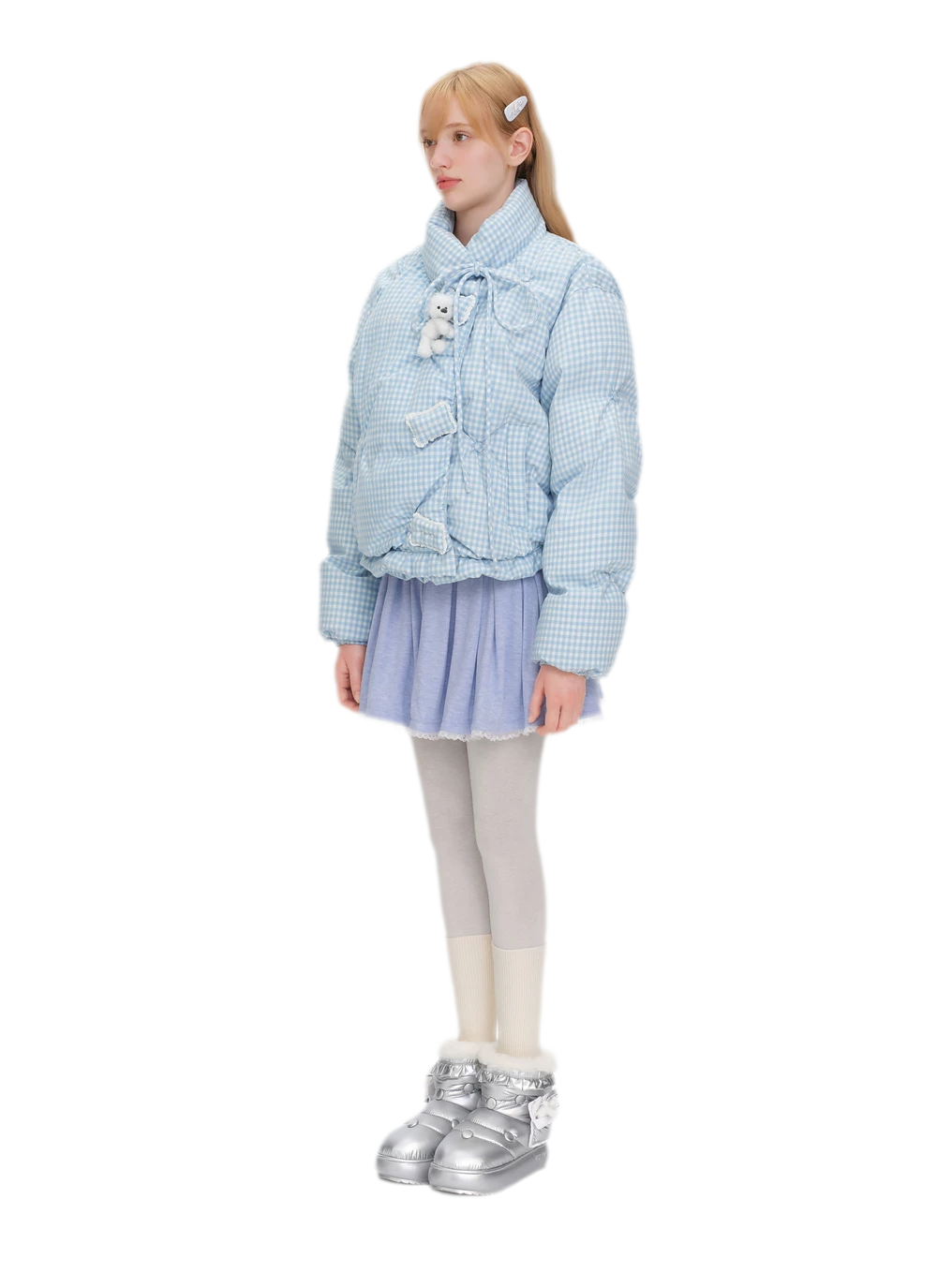 Gingham Puffy Stand-Collar Down Jacket