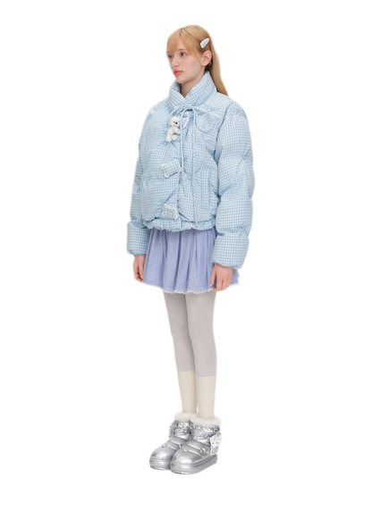 Gingham Puffy Stand-Collar Down Jacket
