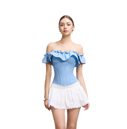 Denim Ruffle Bustier Top