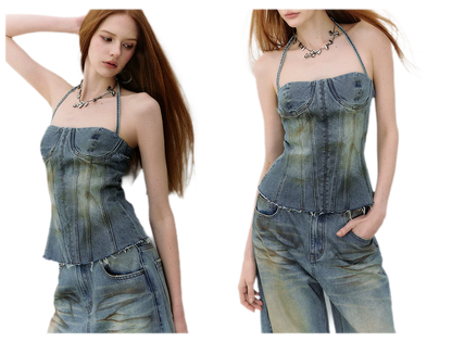 Denim Halter Top and Wide-Leg Jeans Set