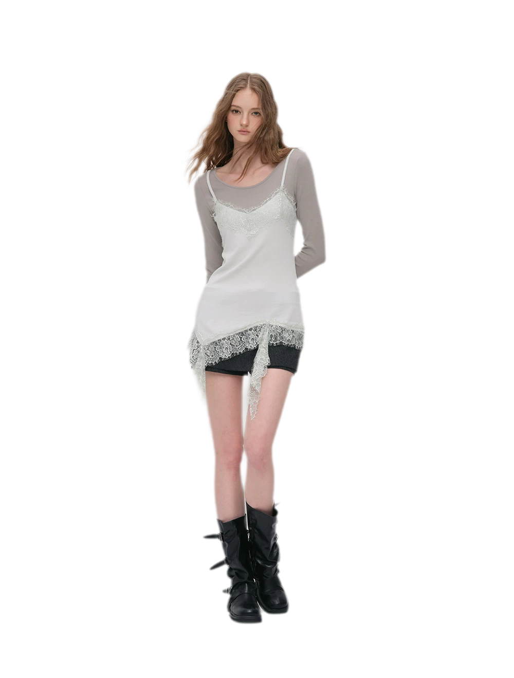 Lace Trim Layered Long-Sleeve Top