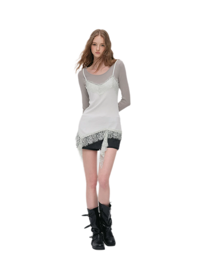 Lace Trim Layered Long-Sleeve Top