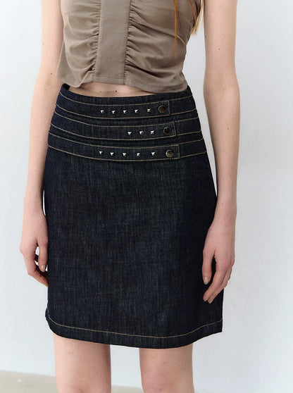 Retro Denim Blue Studded Straight Skirt