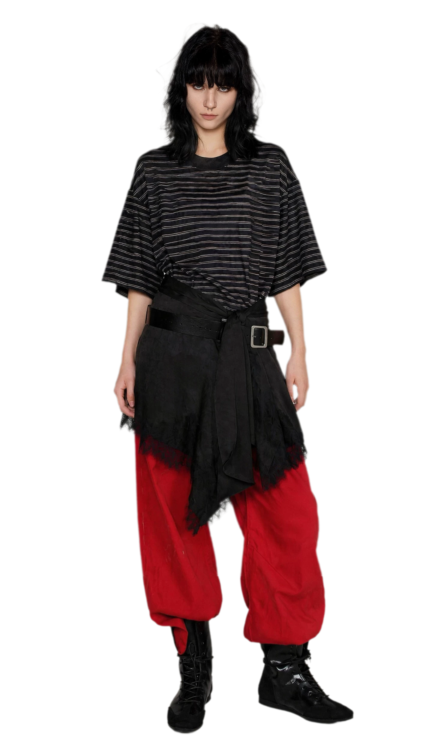 Striped Lace Hem T-Shirt