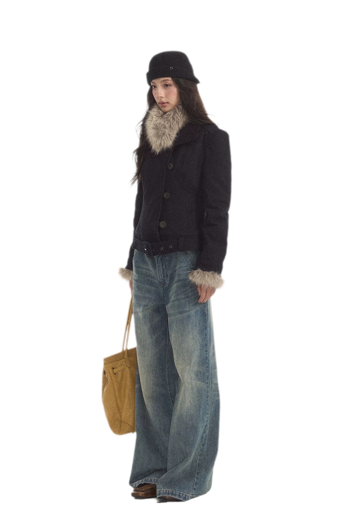 Detachable Fur Collar Twill Coat