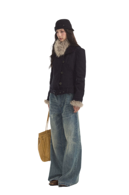 Detachable Fur Collar Twill Coat