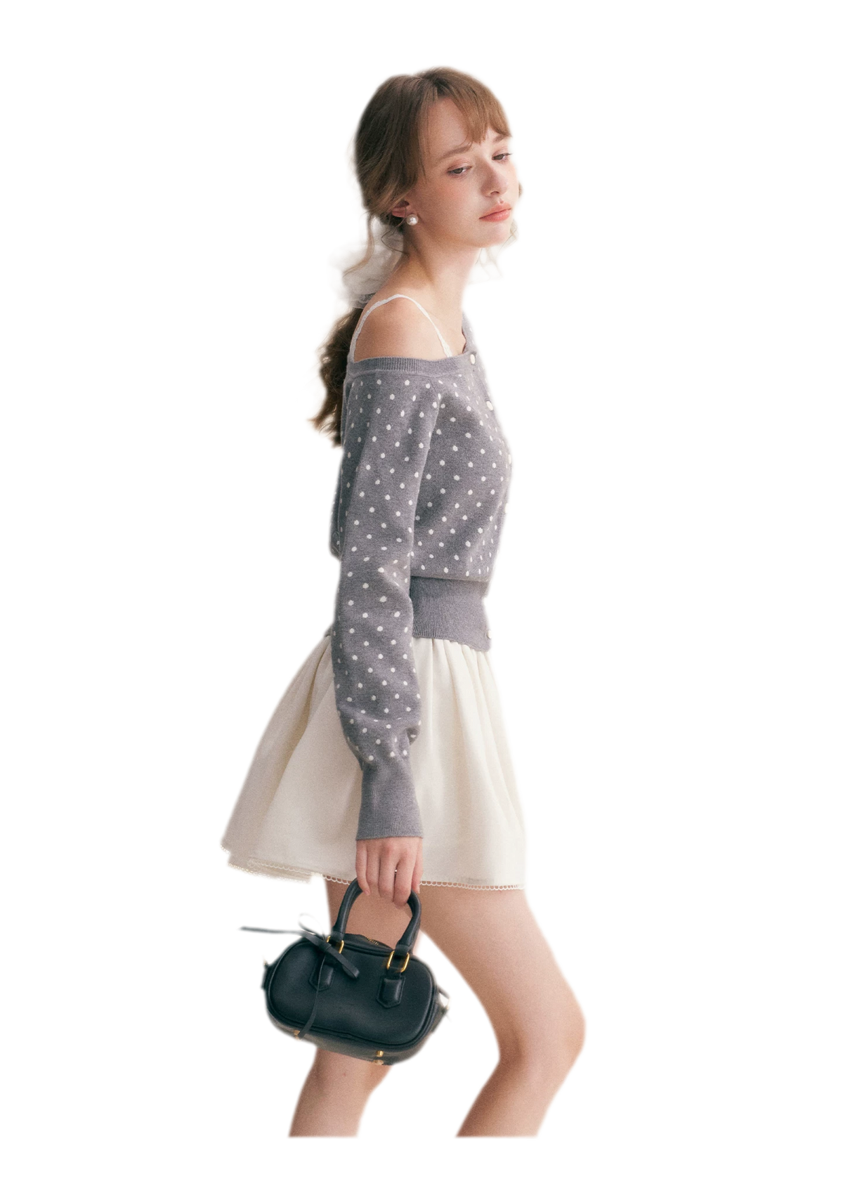 Polka Dot Slanted Shoulder Cardigan
