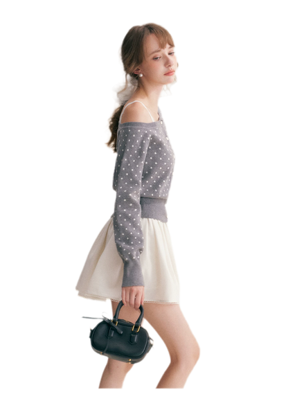 Polka Dot Slanted Shoulder Cardigan