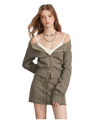 Raw Edge Zip Sweatshirt Set