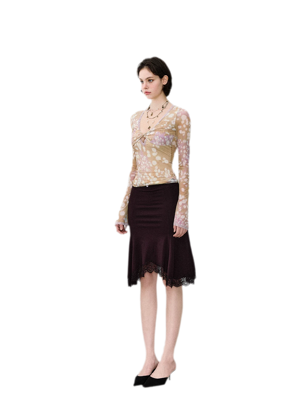 Deer Print Lace Mesh Top