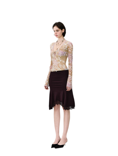 Deer Print Lace Mesh Top