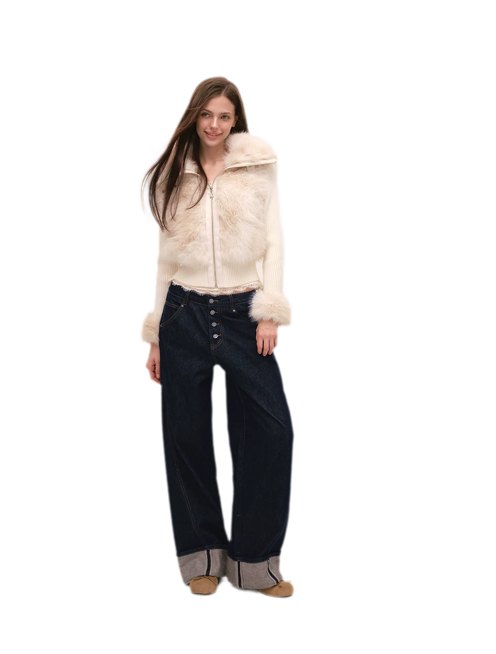 Taillierte Jacke mit Kunstpelz und Stehkragen