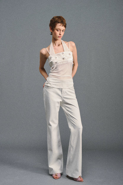 Textured White Contrast Waist Low-Rise Flared Pants