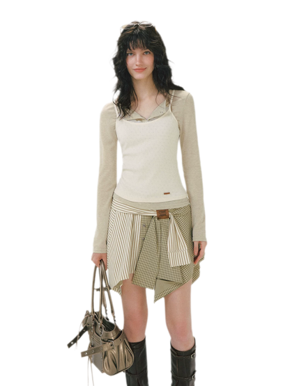 Ribbed Layered Henley Top