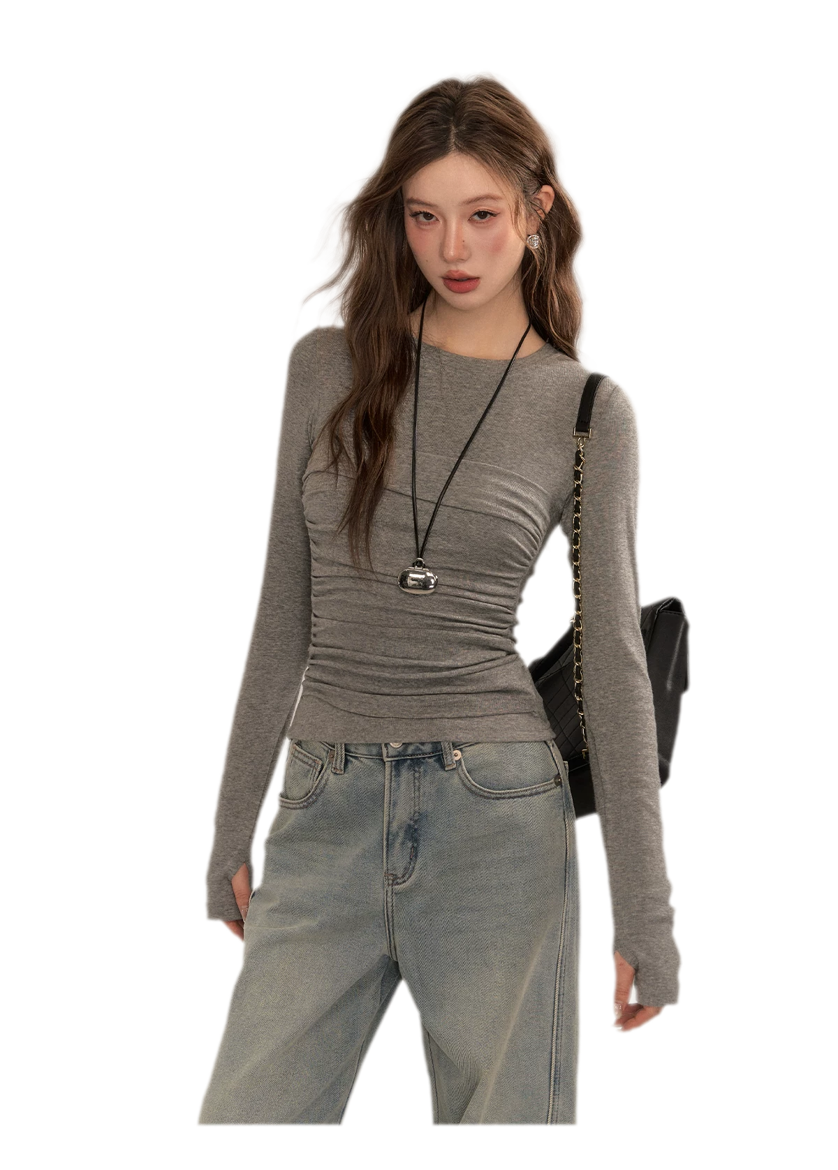 Ruched Sheer Long Sleeve Top