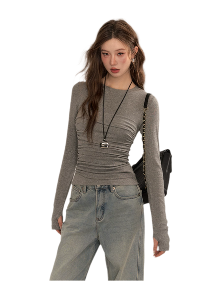 Ruched Sheer Long Sleeve Top