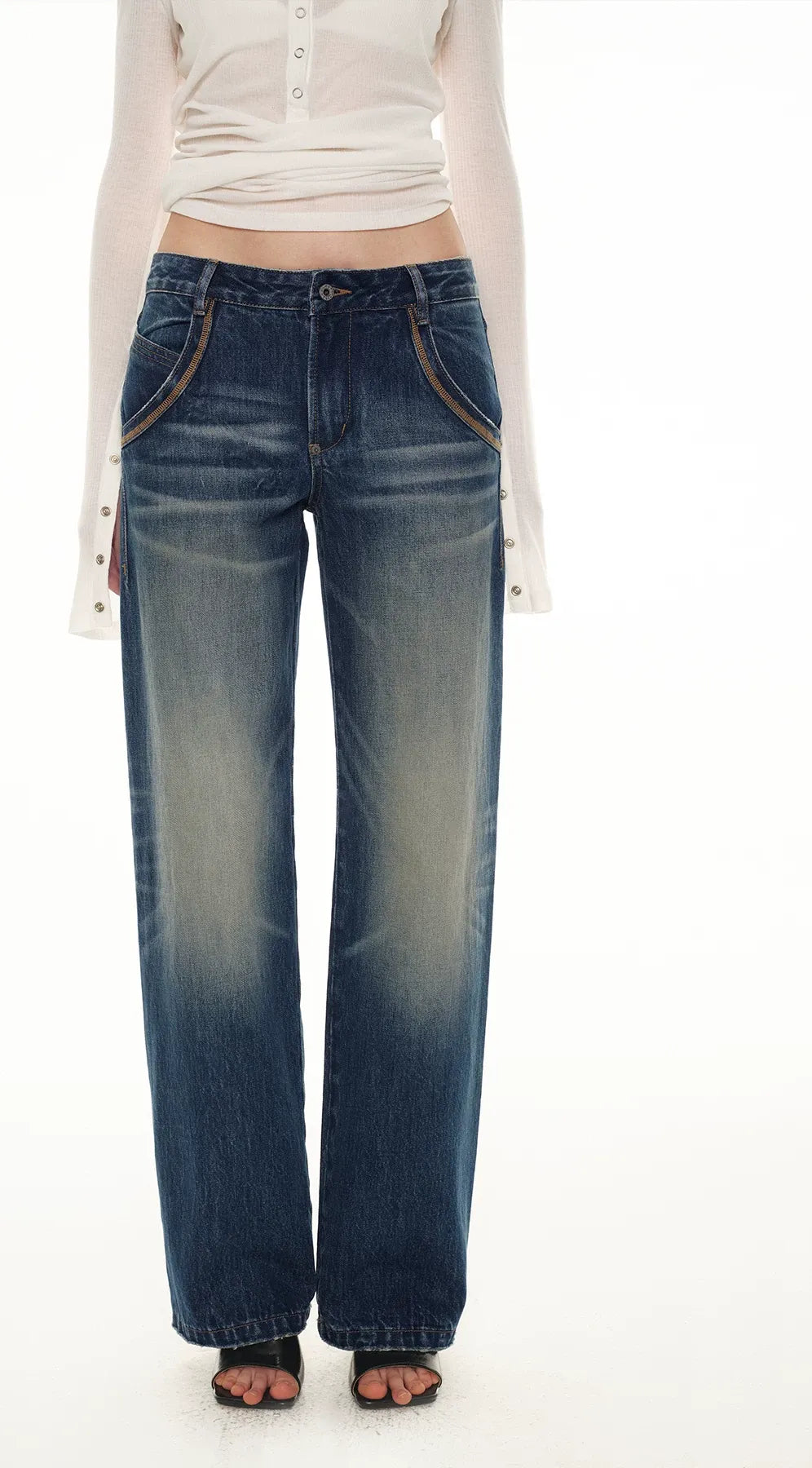 Classic Vintage Washed Distressed Wide-Leg Jeans