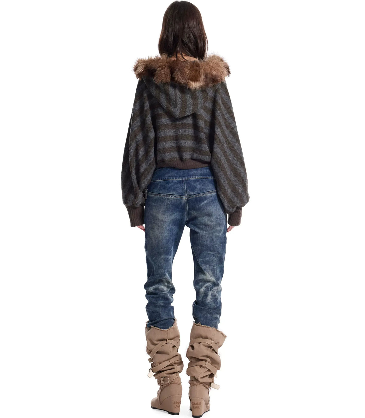 Striped Faux-Fur Collar Sweater