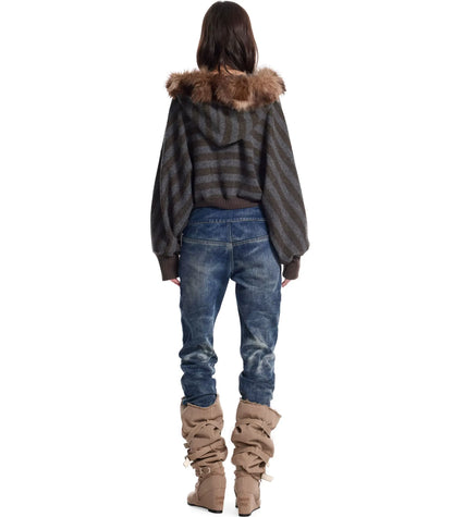 Striped Faux-Fur Collar Sweater