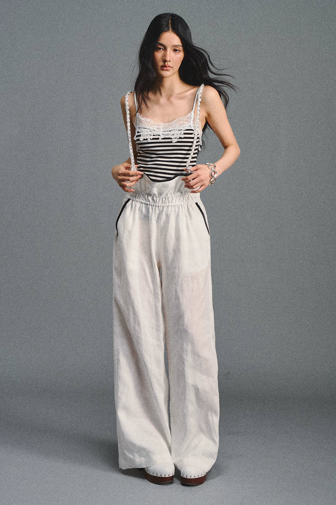 Tencel Linen Contrast Satin Trim Wide-Leg Pants