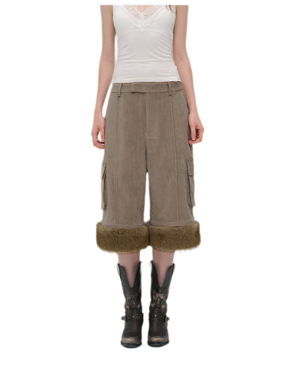 Chenille Cargo Cropped Wide-Leg Pants