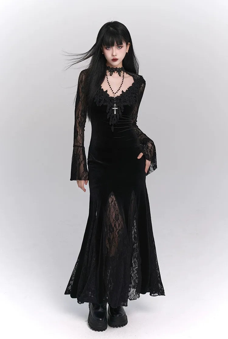 Lace-Sleeve Mermaid Gothic Dress