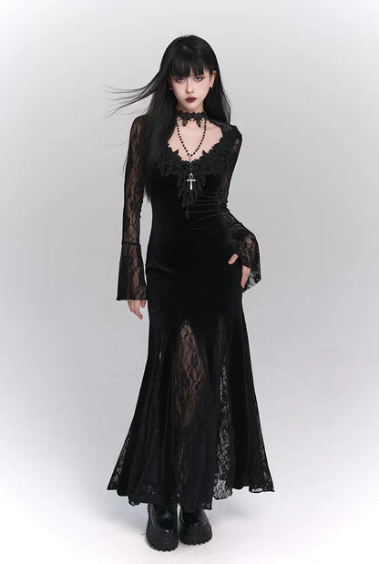 Lace-Sleeve Mermaid Gothic Dress