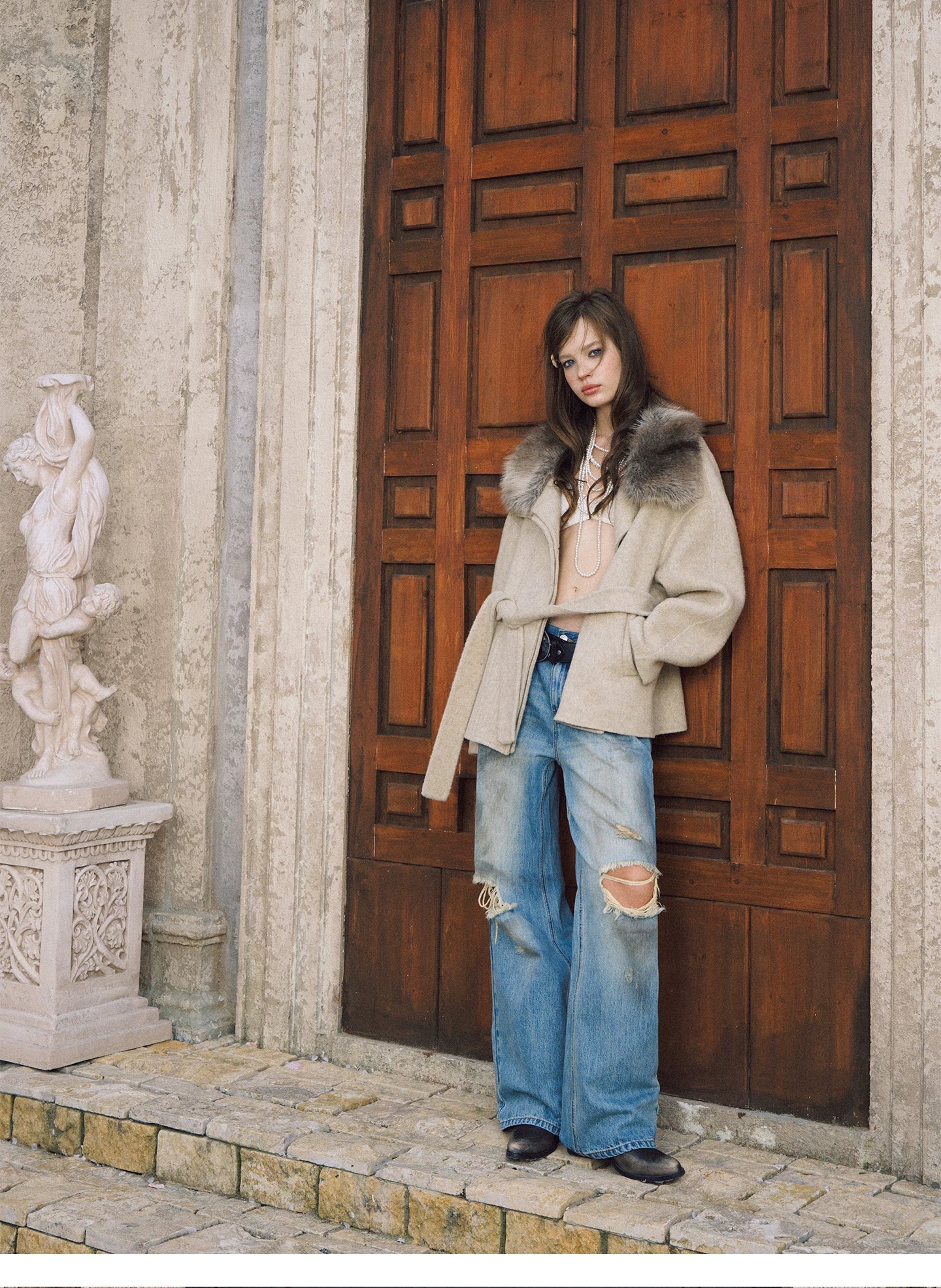 Washed Wide-Leg Ripped Jeans