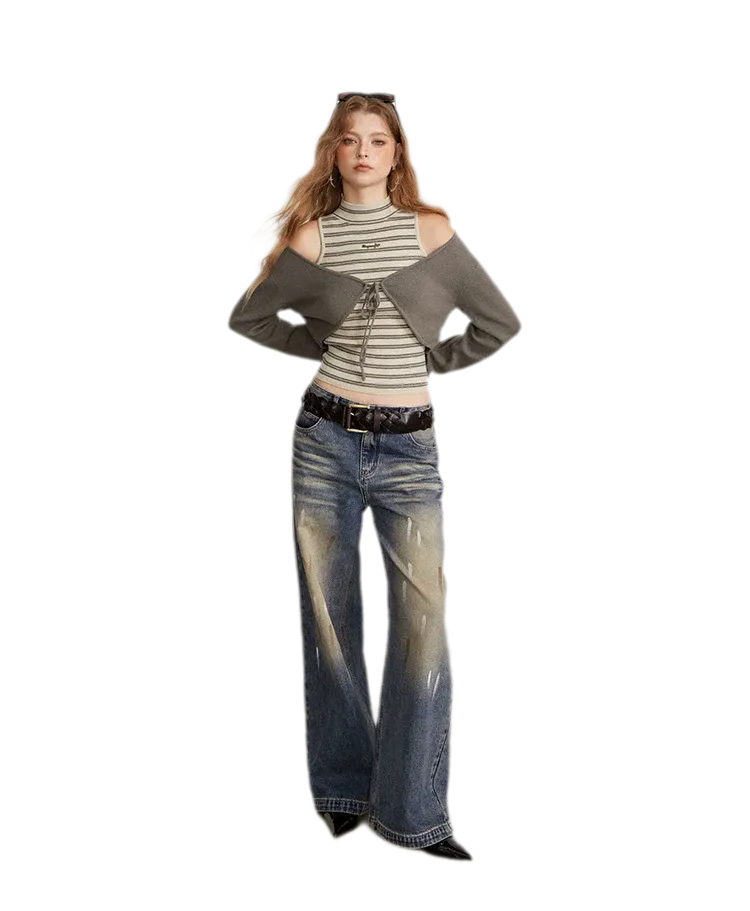 Contrast Stripe Knit Vest Set