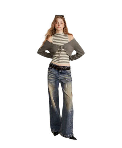 Contrast Stripe Knit Vest Set