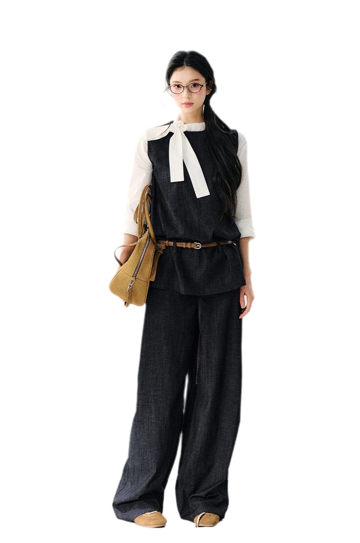 Contrast Ribbon Denim Blouse