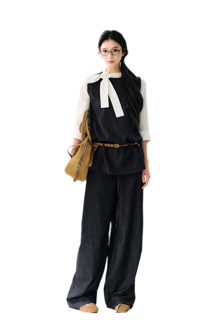Contrast Ribbon Denim Blouse