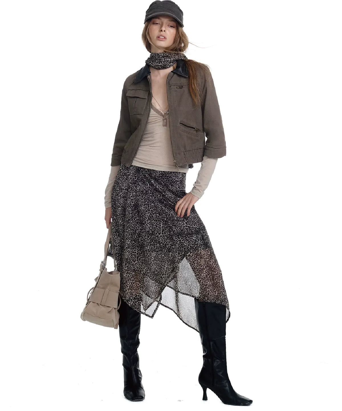 Washed Leather Cropped Cargo Jacket