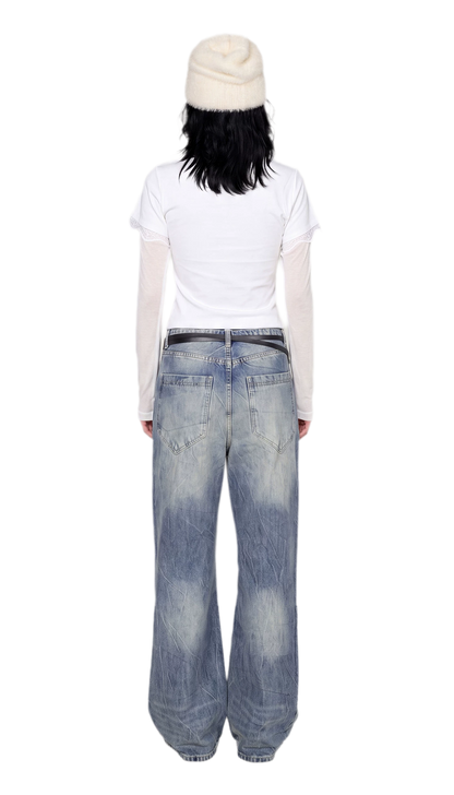Ribbed Lace Trim Layered T-Shirt