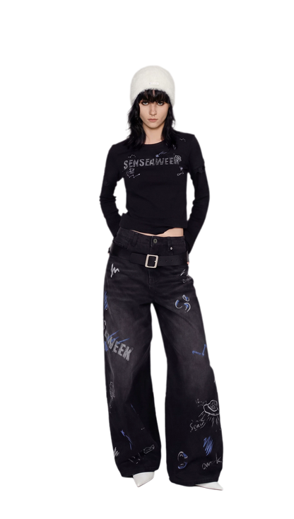 Washed Graffiti Wide-Leg Jeans