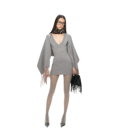 Deep V Fringe Knit Dress